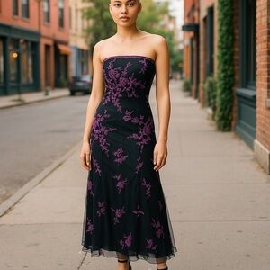 VINTAGE Y2K CACHE BEADED HOCO PROM STRAPLESS HOT PINK BLACK DRESS FORMAL GOWN